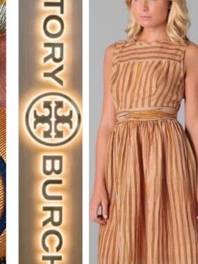 Tory Burch Striped Yellow Midi Dress with Gathered Waist size 2